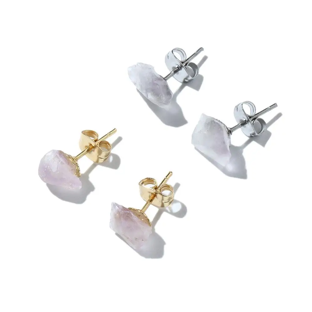 

Fashion Jewelry Rough Stone Gold Color Silver Color Amethyst Stud Earrings Korean Style Women Earrings Ear Studs