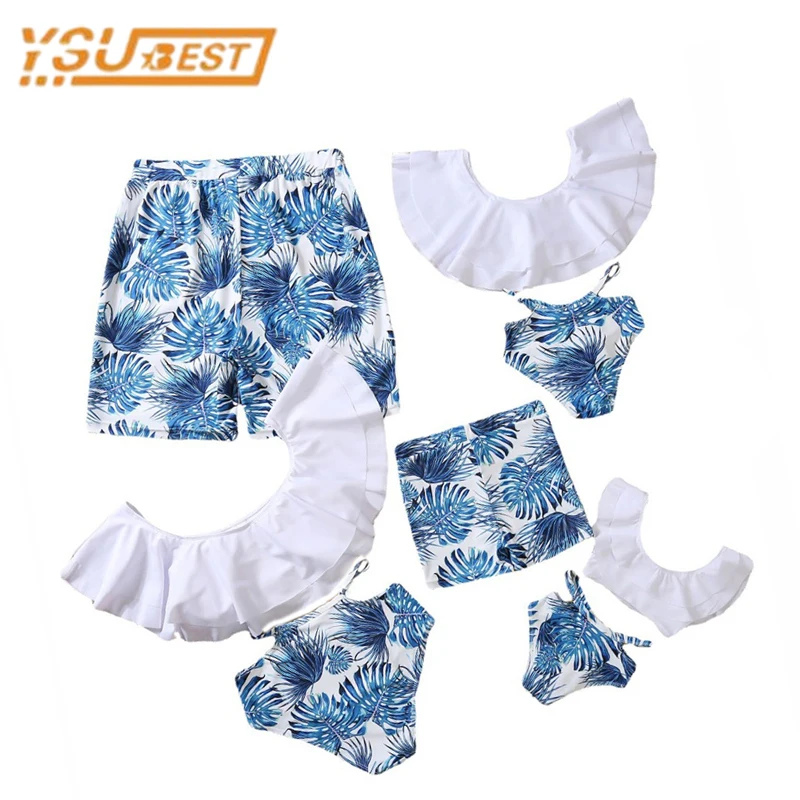 

Summer Mommy and Daddy Son Daughter Clothes Clothing Bikini Sandbeach Swimsuit Family Matching Outfits Leaf Printing Swimwear