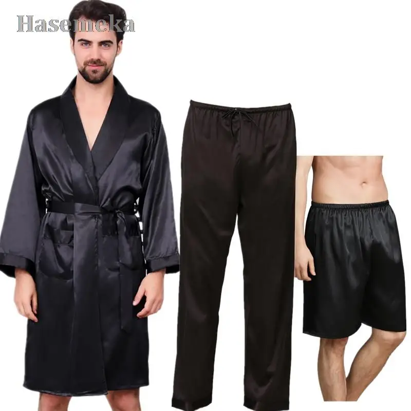 3 PCS 100% Real Silk Robe Pants Pajama Set For Men Kimono Home Soft Cozy Long-sleeved Bath Gown Bathrobe Shorts Sleepwear Suit