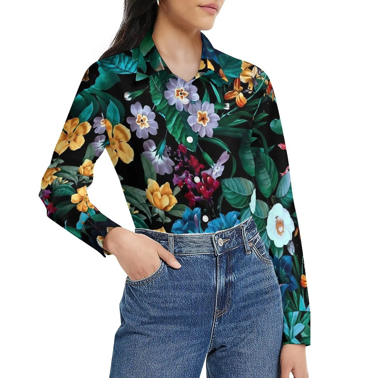 

Colorful Floral Loose Blouse Midnight Garden Casual Oversized Blouses Women Long Sleeve Modern Shirt Autumn Printed Tops