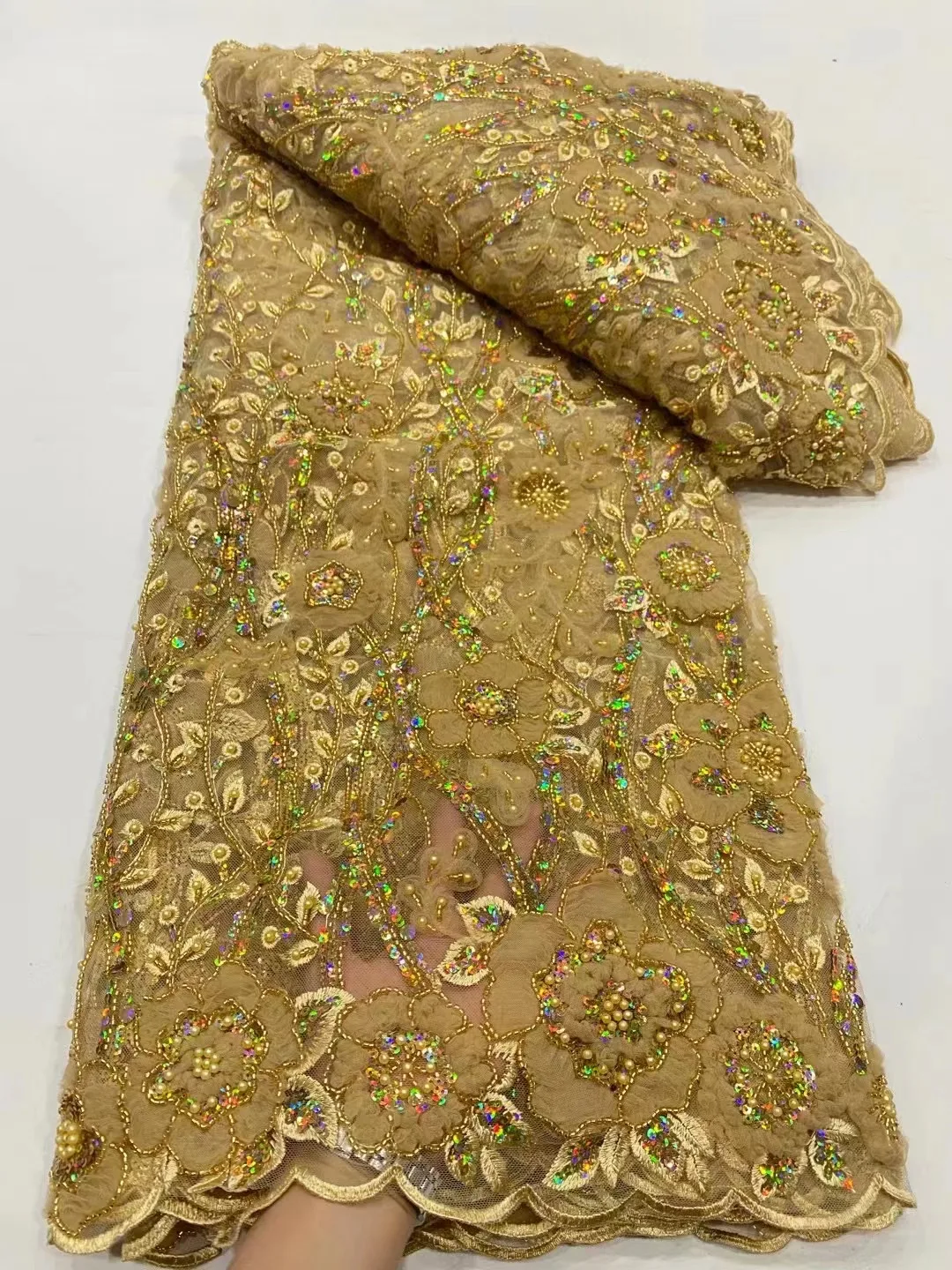 

5 Yards Luxury African Sequins Lace Fabric 2023 High Quality French Nigerian Beaded Lace Fabric For Sewing Dress Wedding Party