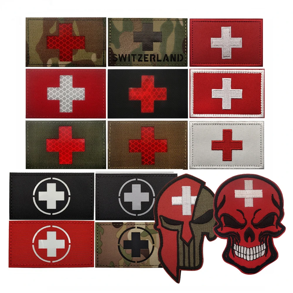 

Swiss Flag Embroidered Patch on Clothing Switzerland Military Tactical Hook and Loop Badge Armband Skull Helmet Emblem Applique