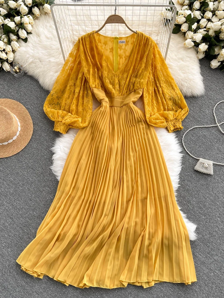 

Elegant Pleated Long Dress Women Fashion Korean V-Neck Patchwork Lace Dresses Ladies Vintage A Line High Waist Chiffon Dress