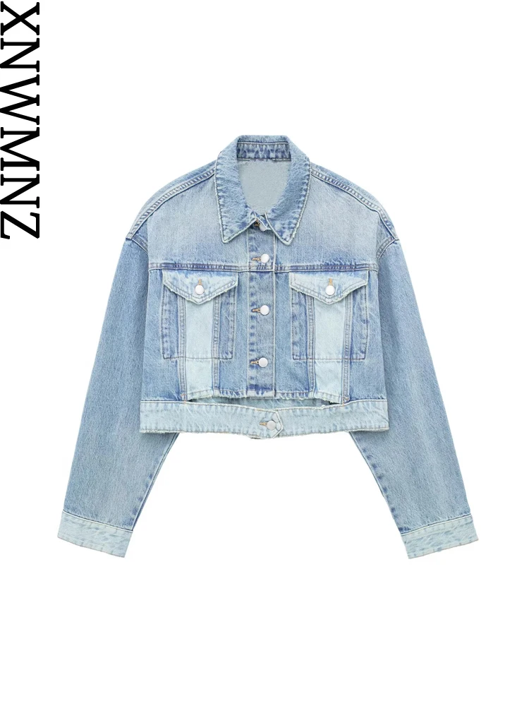 

XNWMNZ 2023 Женская модная джинсовая куртка с вырезами винтажный отворот с длинным рукавом карман Открытый Низ подол Женская куртка пальто
