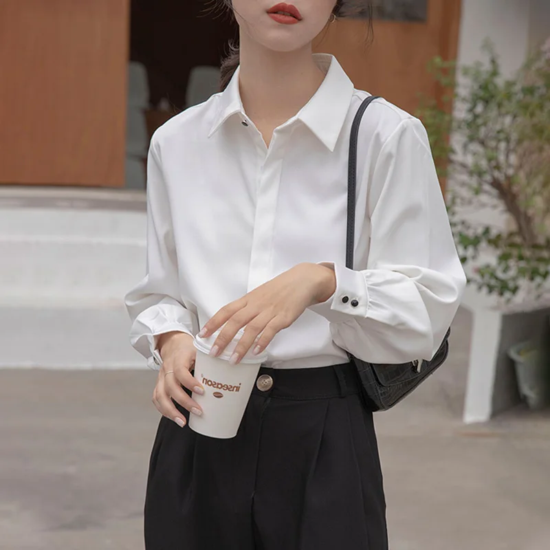 

Chiffon Women's Blouse White Office Lady Shirt Summer Fashion Female Clothing Turn-down Collar Solid Long Sleeve Top