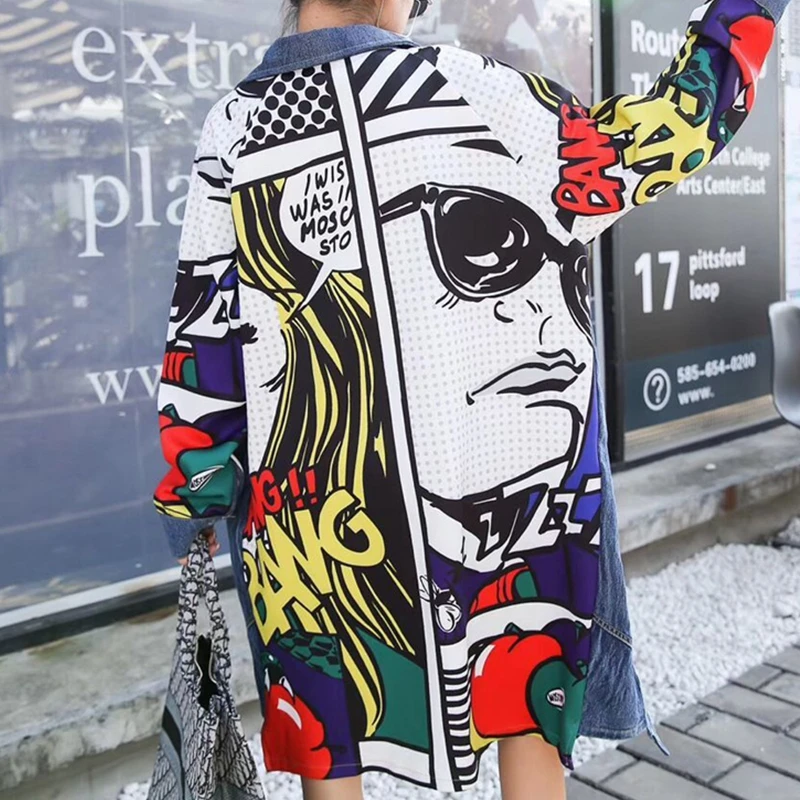 

Трендовая женская джинсовая ветровка, Новый Дизайнерский Модный свободный Тренч из денима с абстрактным креативным узором