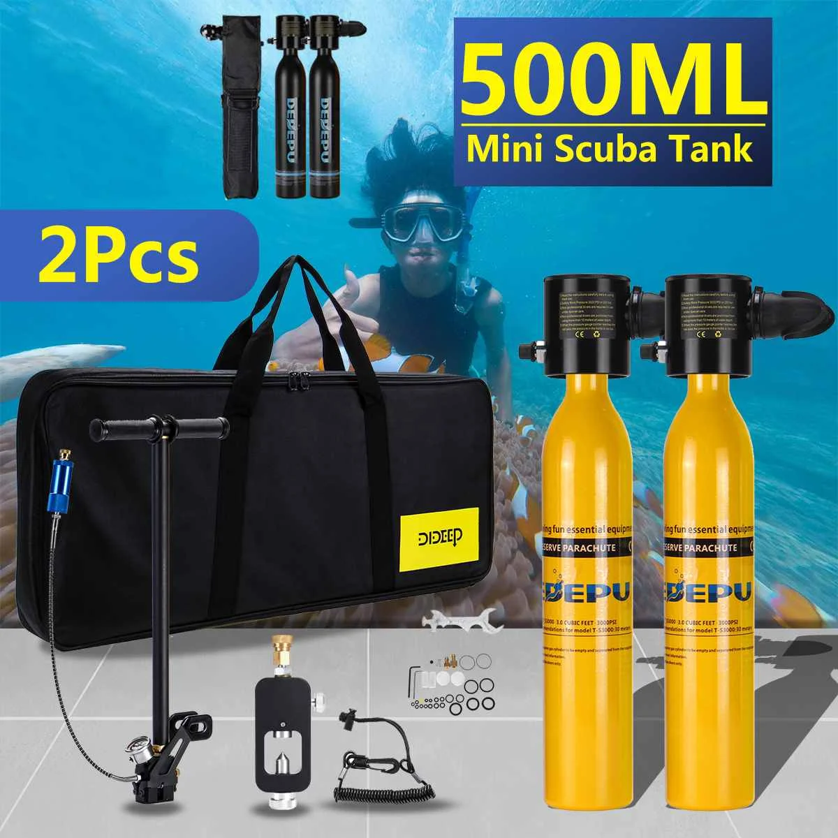 

DIDEEP 2PCS 500ML Scuba Diving Tank Mini Oxygen Cylinder Set Hand Pump Underwater Snorkeling Diving Equipment Pump Tool Set