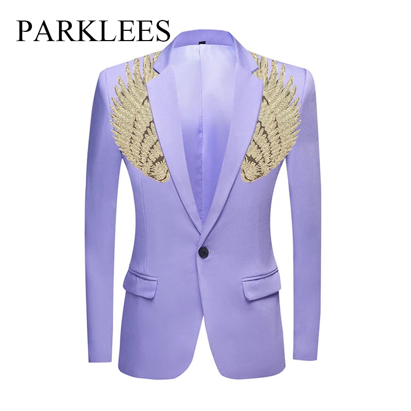 

Мужской Блейзер на одной пуговице Parklees, фиолетовый приталенный Блейзер с блестками и крыльями, вечерние блейзеры для выпускного вечера