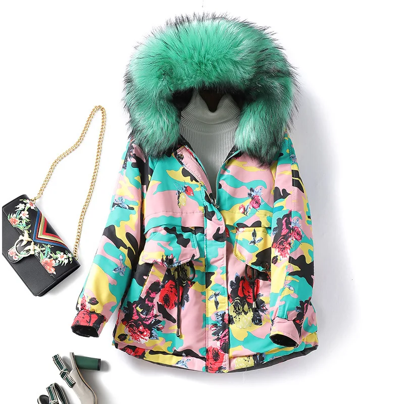 

Женская зимняя куртка с меховым воротником, камуфляжная Толстая теплая парка свободного покроя с хлопковой подкладкой, 2022