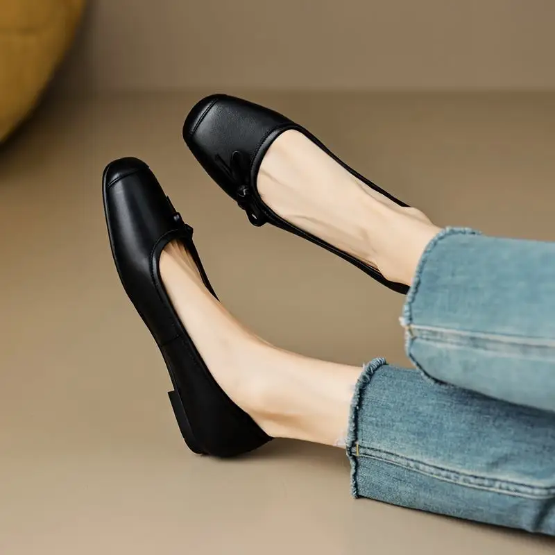 Comfortable Natural Genuine Leather Women Heels Shoes Fashion Butterfly-knot Design Low Heel Shoes Easy To Walk Autumn Shoes