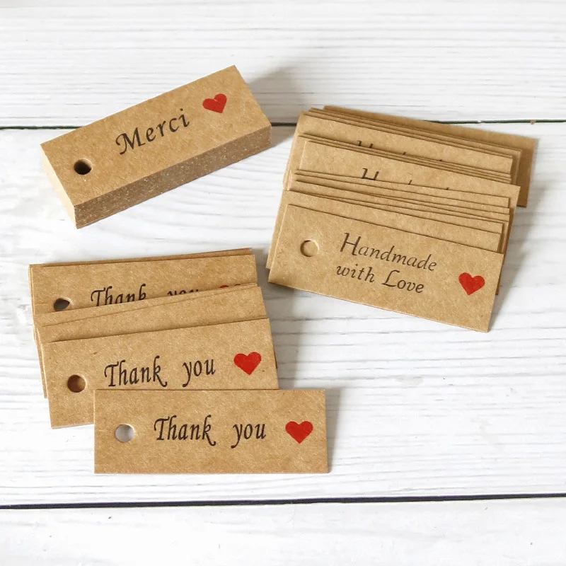 

100pcs/lot Thank You Merci Tags Red Heart Printed Gift Box Accessories Personality Handmade with Love Kraft Cardboard Labels