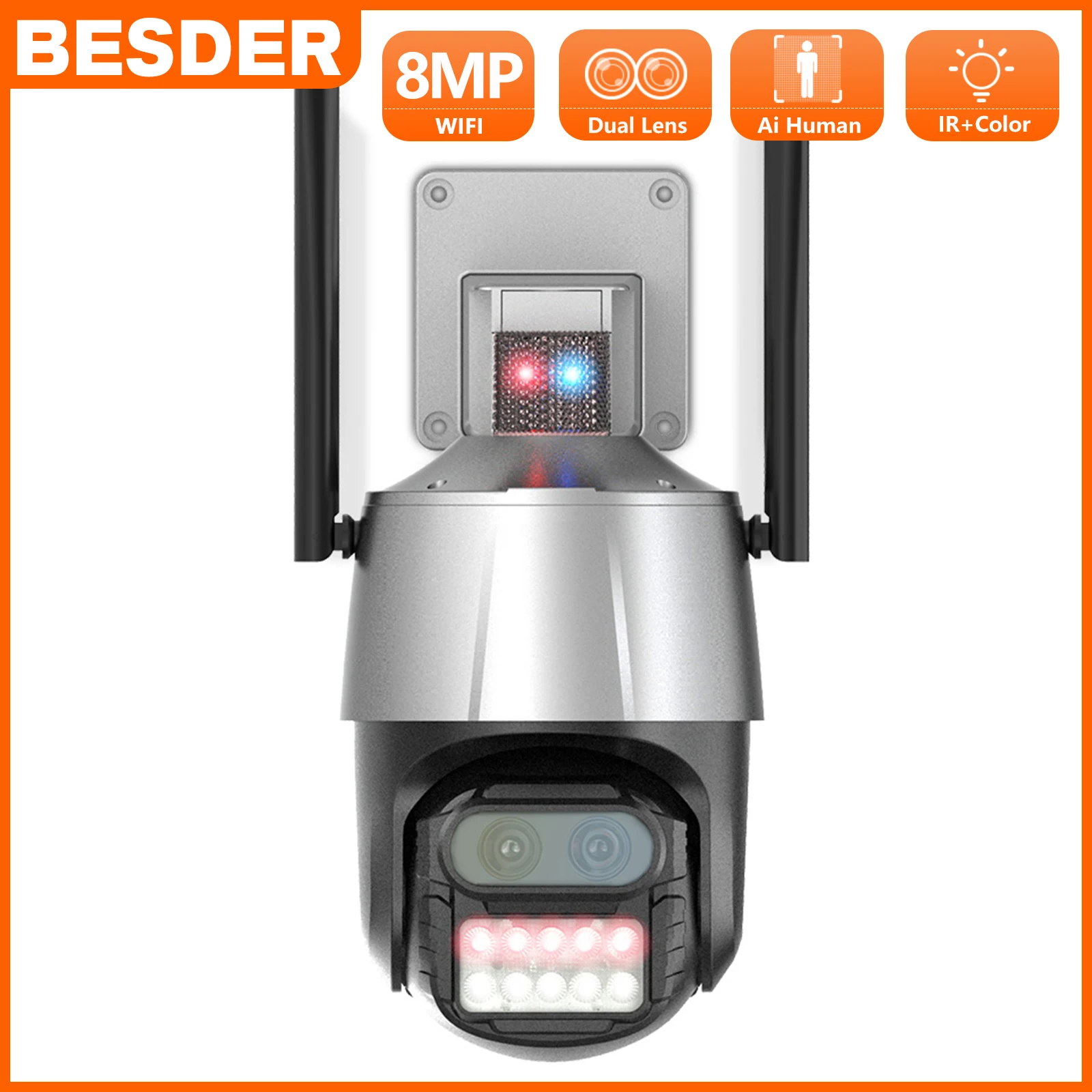 

BESDER 8MP 4K Outdoor Wifi Camera with Anti-theft Siren Alarm Dual Lens 8X Zoom PTZ CCTV IP Speed Dome Camera Ai Auto Tracking