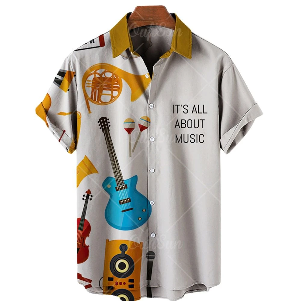 2022 Summer New 3D Guitar Stripe Print Shirts Men Hip Hop Rock Loose Short Sleeve Tropical Beach Hawaiian Shirts Plus Size 5XL