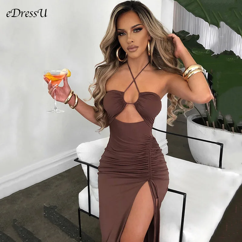 

eDressU Sexy Bodycon Dress Stretchy Halter Burgundy Sheath Club Party Dress Women Long Maxi Dress High Slit Clubwear FD-9219