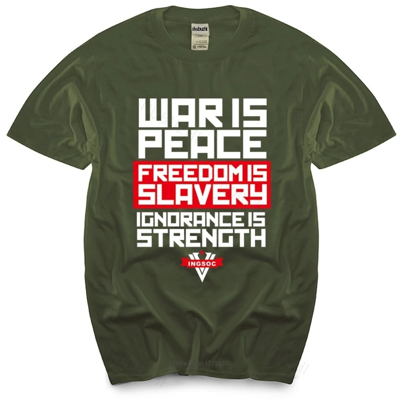 

Black men t shirt euro size Man crew neck t-shirt Ingsoc slogan George Orwell 1984 Big Brother Socialism War is Peace