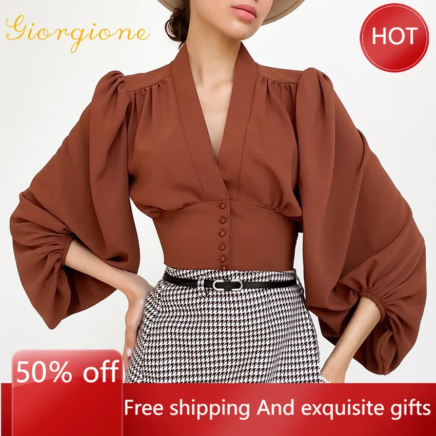 

Рубашка Giorgione Boutique женская с V-образным вырезом, приталенная блузка с длинными рукавами-фонариками, в французском стиле, весна 2022