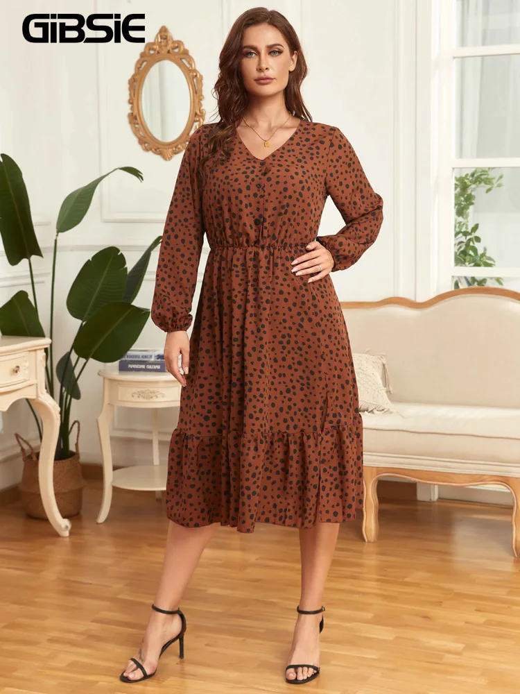 GIBSIE Plus Size Dalmatian Print Button Front A-Line Dress 2022 Women Spring Fall V Neck Long Sleeve Split Ruffle Hem Dresses