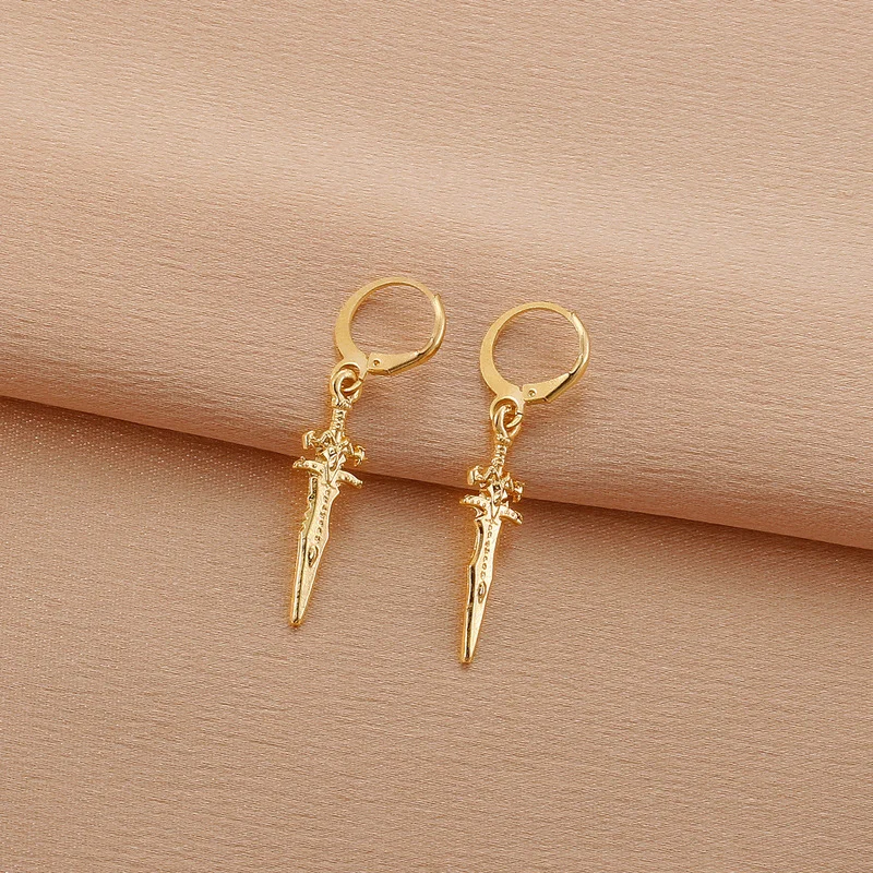 Крутые серьги-подвески в стиле панк золотого цвета с мечом для женщин модные
