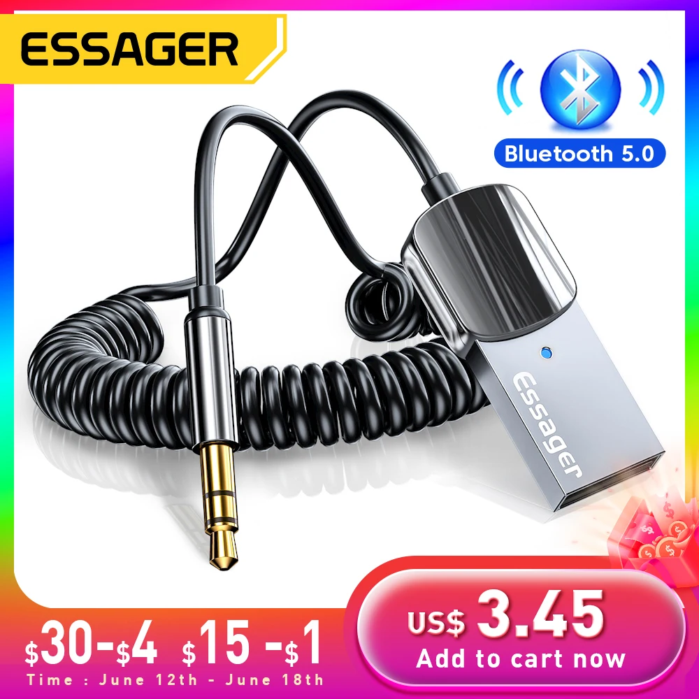 Essager Bluetooth Aux Adapter Dongle USB To 3.5mm Jack Car Audio Aux Bluetooth 5.0 Handsfree Kit For Car Receiver BT transmitter