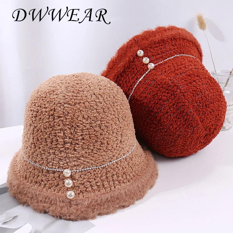 

Winter Warm Bucket Hats Lamb Wool Faux Fur Fisherman Caps Women Thicken Plush Hats Outdoor Keep Warm Fishing Caps Unisex