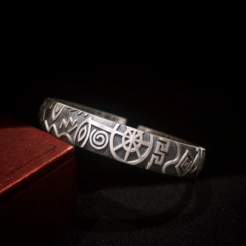 Bracelet for Women Vintage High Relief Characteristic National Rune Prajnaparamita Heart Sutra Sterling Silver Bracelet