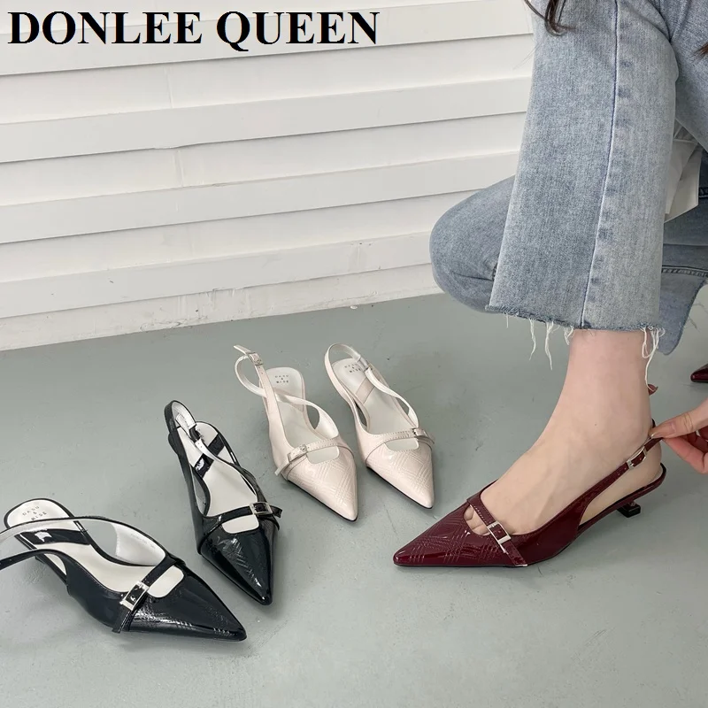 

New Fashion Pointed Toe Slingback Sandals Elegant Low Heels Mules Brand Slide Slip On Ankle Strap Sandals Female Sandalias Mujer