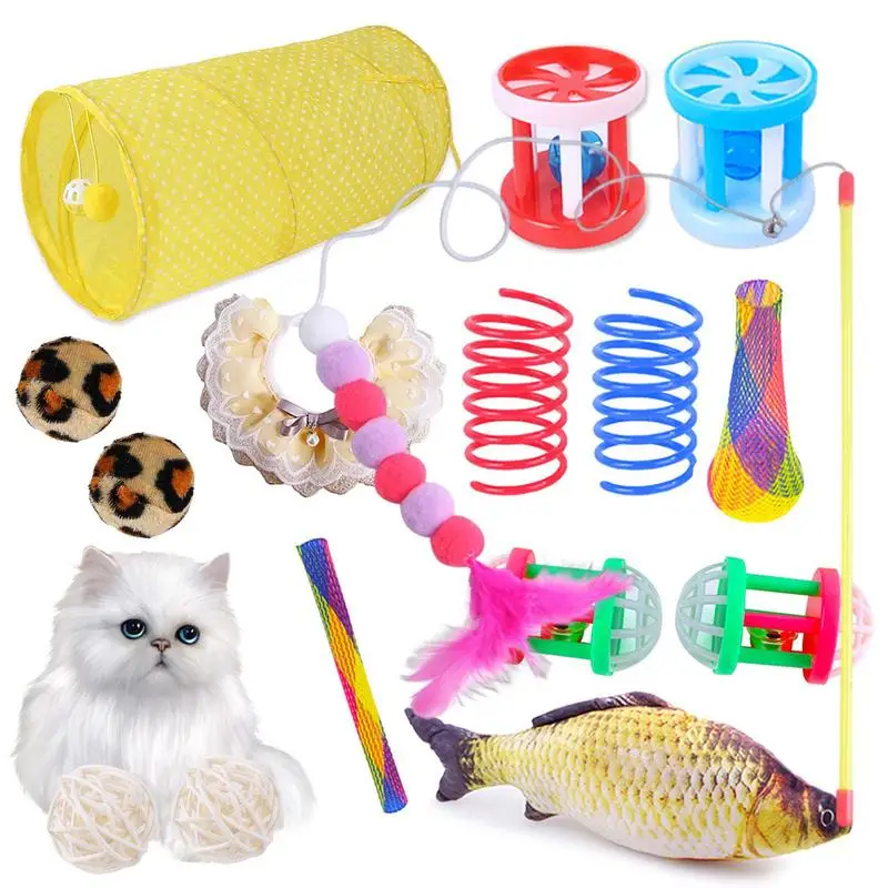 

Cat Toy Pack 16pcs Cat Toys Kitten Toys Variety Catnip Toys With Rainbow Tunnel Interactive Cat Feather Teaser Fish Crinkle