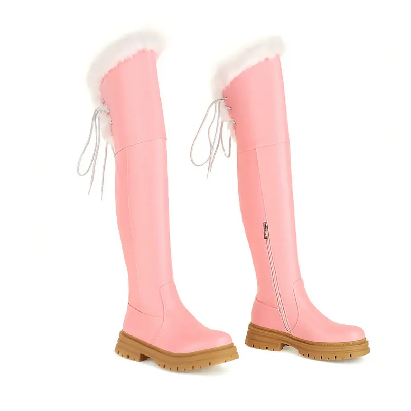 Женские теплые зимние сапоги выше колен белые розовые с искусственным мехом и