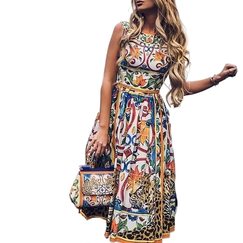 

Summer Women Sundress Bohemian Floral Print Mixi Dress Vintage O Neck Sleeveless A Line Lady High Street Holiday Long Dress Robe