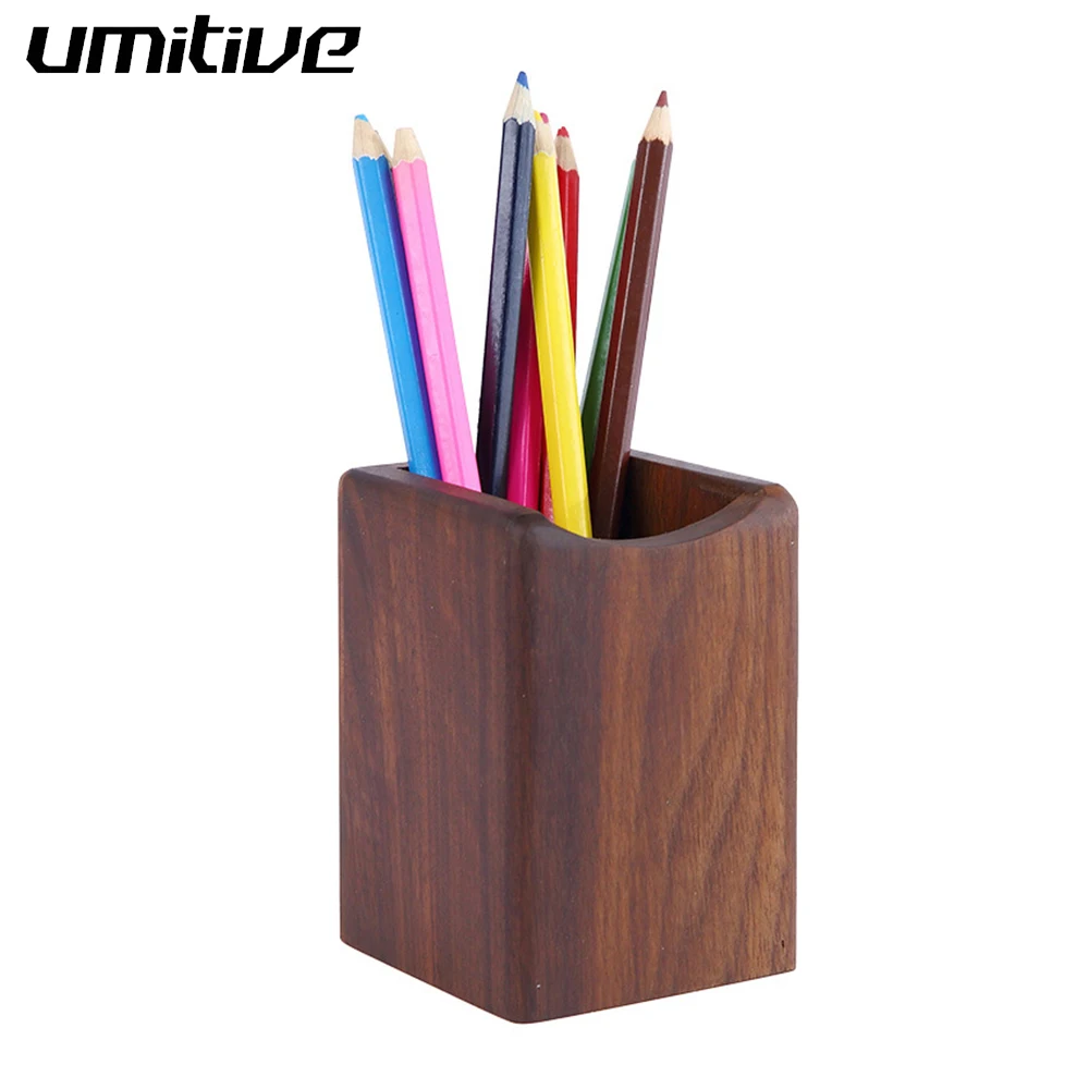 

Umitive 1 pcs Pen Holder Multi-function Square Walnut Wood Makeup Brush Storage Case Creative Office School Desktop Storage