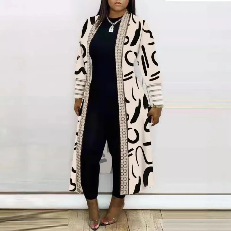 2024 черный модный стиль повседневная длинная куртка-кардиган с принтом и рукавами