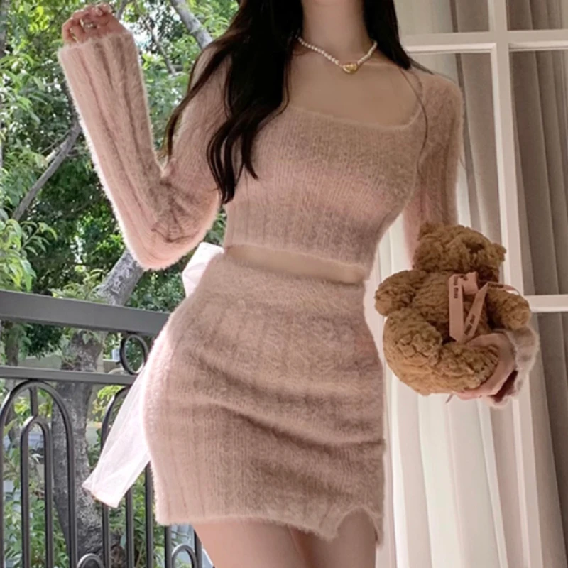 

Knitting Women Sets Two-piece Solid Color Square Collar Long Sleeve Pullover Sweater Top + Butterfly Lace-up Skirt Dropshipping