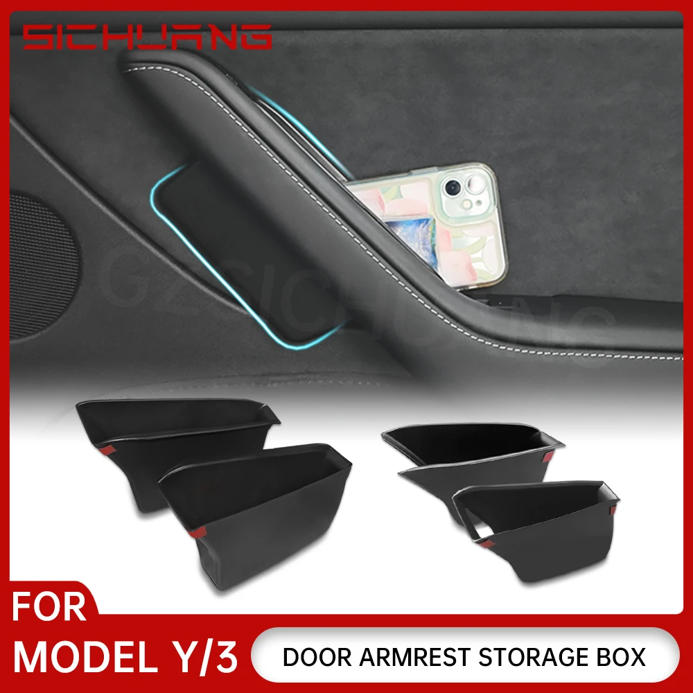 

4Pcs Door Side Storage Box Handle Pocket Armrest Organizer Tray Container For Tesla Model 3 Model Y 2023 2022 2021 Accessories