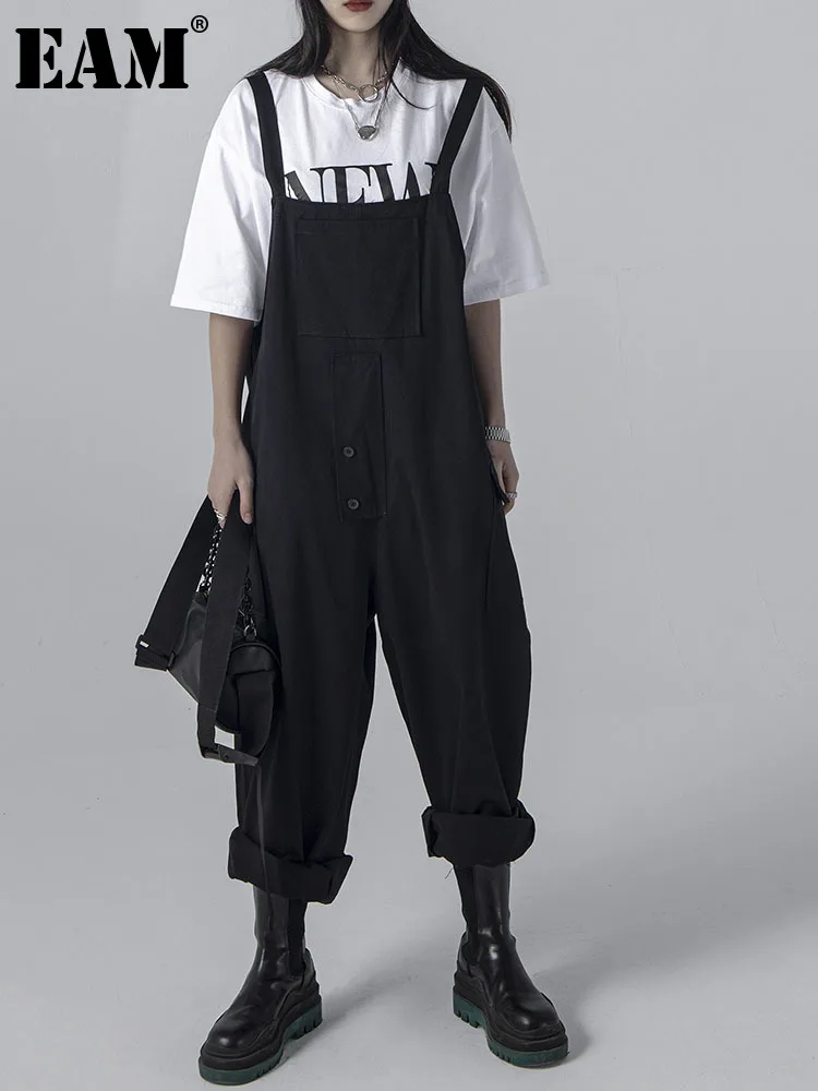 

[EAM] High Waist Black Pocket Casual Long Overalls Trousers New Loose Fit Pants Women Fashion Tide Spring Autumn 2022 1DE7259