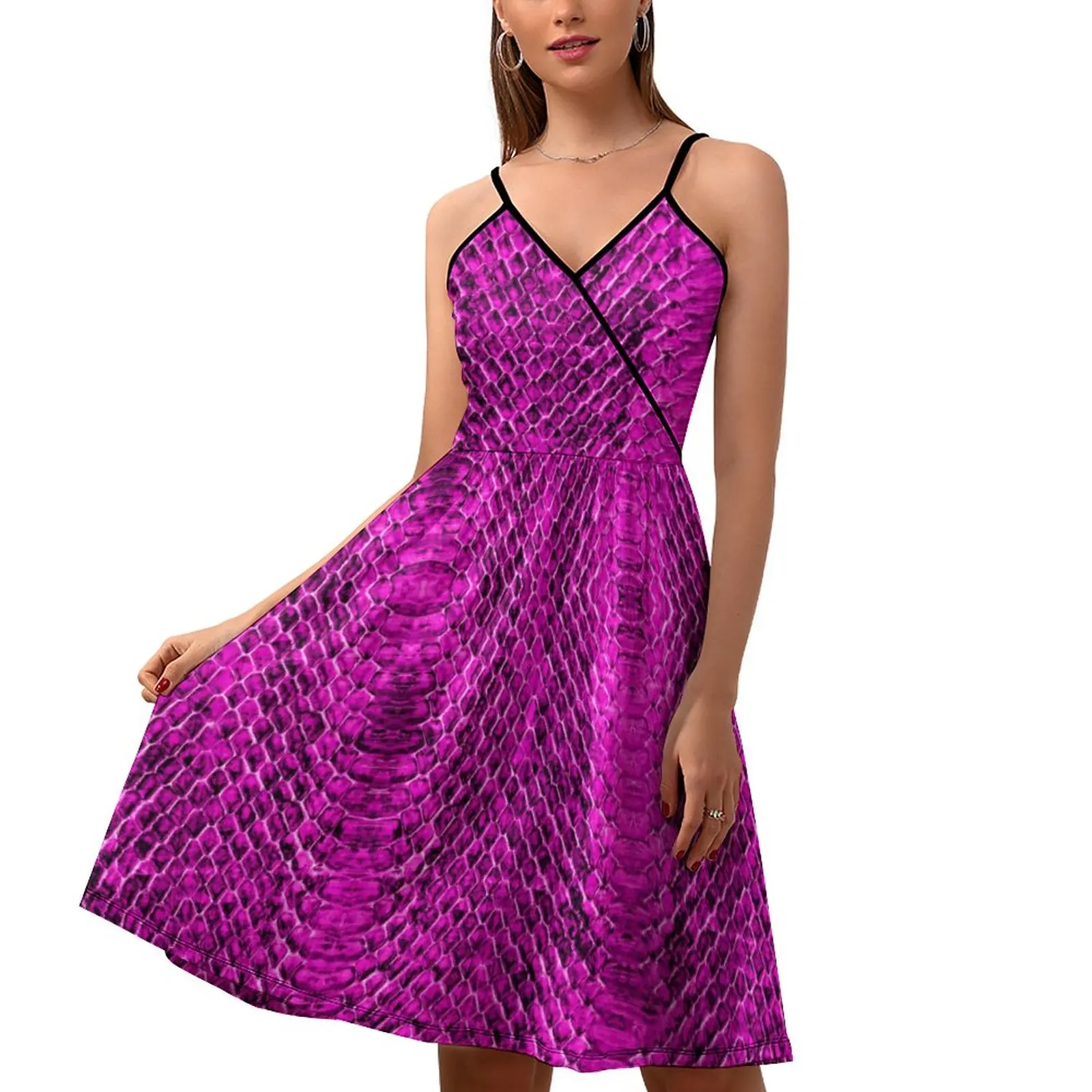 

Женское платье с принтом змеиной кожи, розовое и фиолетовое уличное модное платье с принтом, летнее пляжное Повседневное платье в стиле бохо на бретелях, подарок на день рождения
