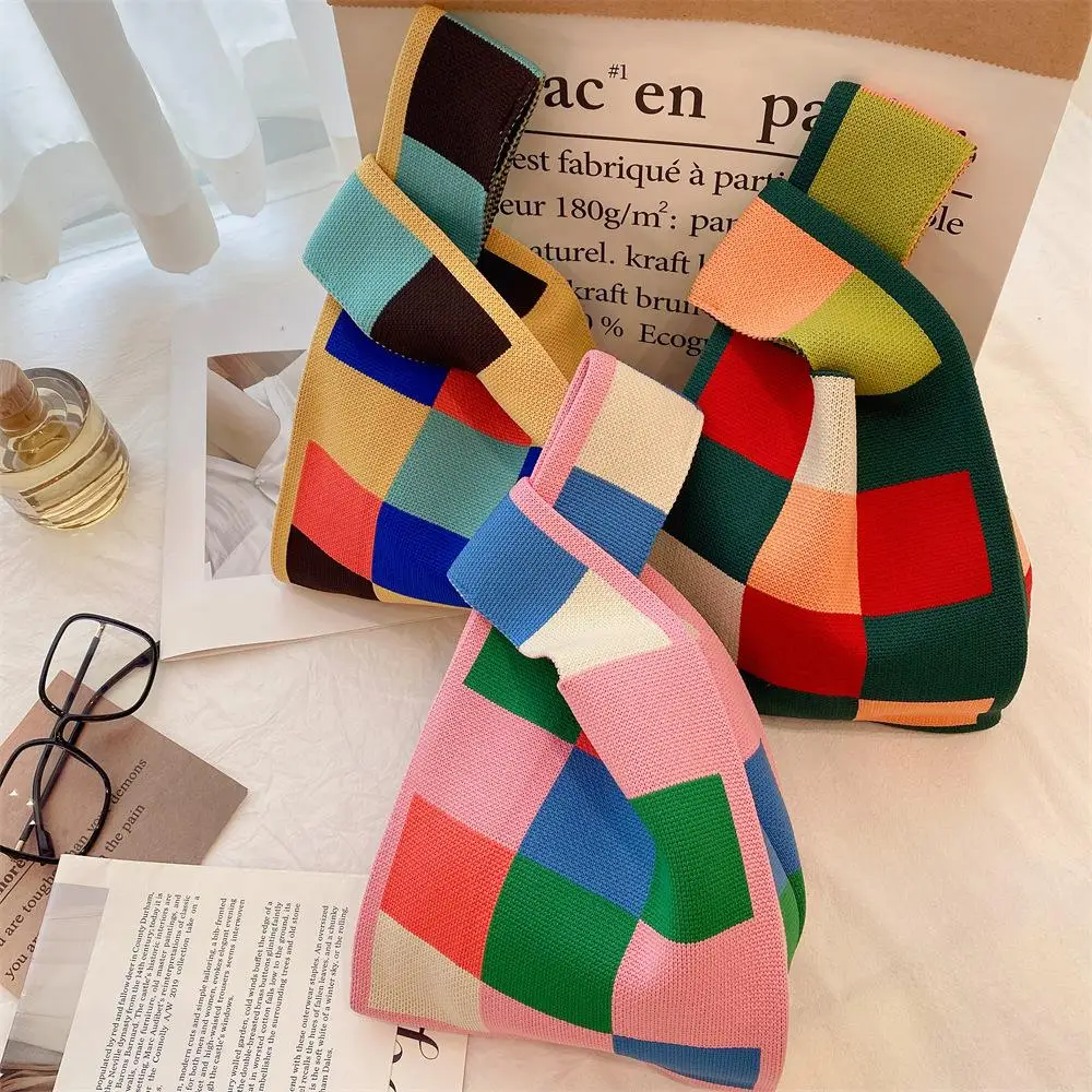 2023 New Handmade Knit Handbag Women Mini Knot Wrist Bag Casual Color Wide Stripe Plaid Tote Bag Student Reusable Shopping Bags