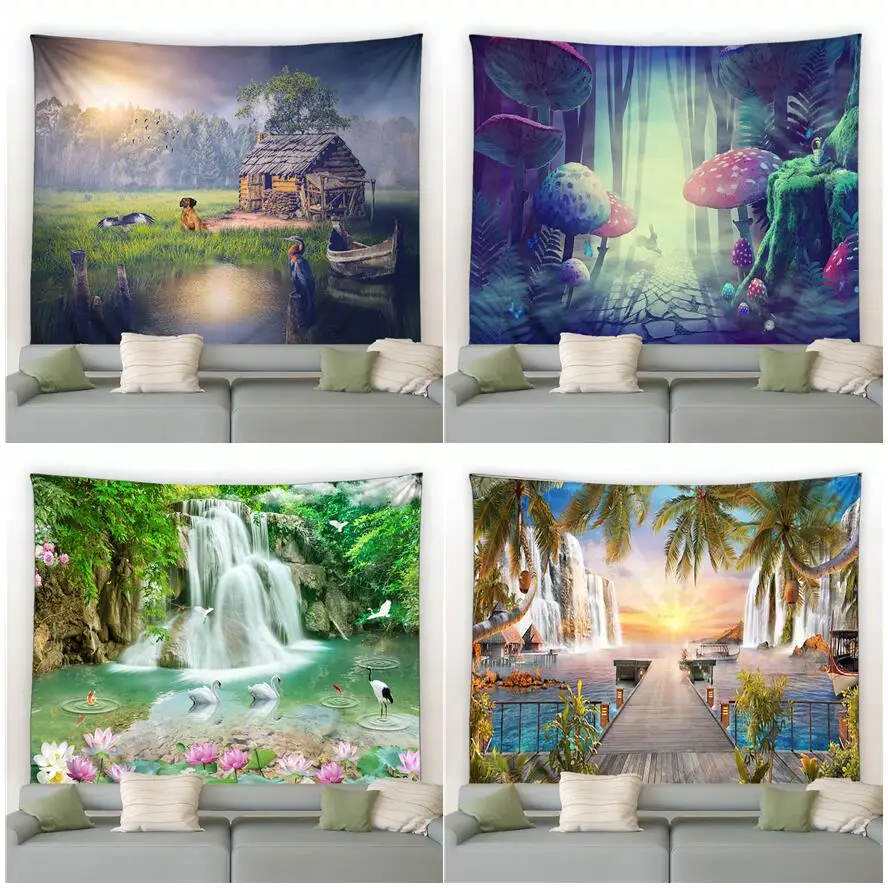 

Customizable Waterfall Landscape Tapestry Chinese Wind Lotus Palm Tree Fantasy Mushroom Pastoral Scenery Home Wall Hanging