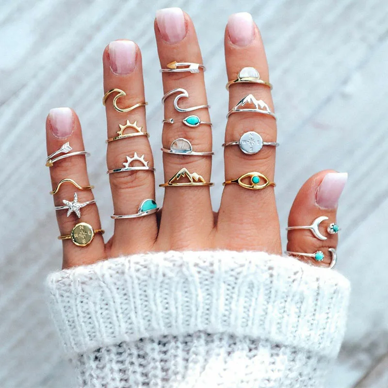 

19Pcs Bohemian Europe and America Cross Border Leaf Starfish Elephant Moon Turquoise Match Female Ring 20-Piece Set Women Rings