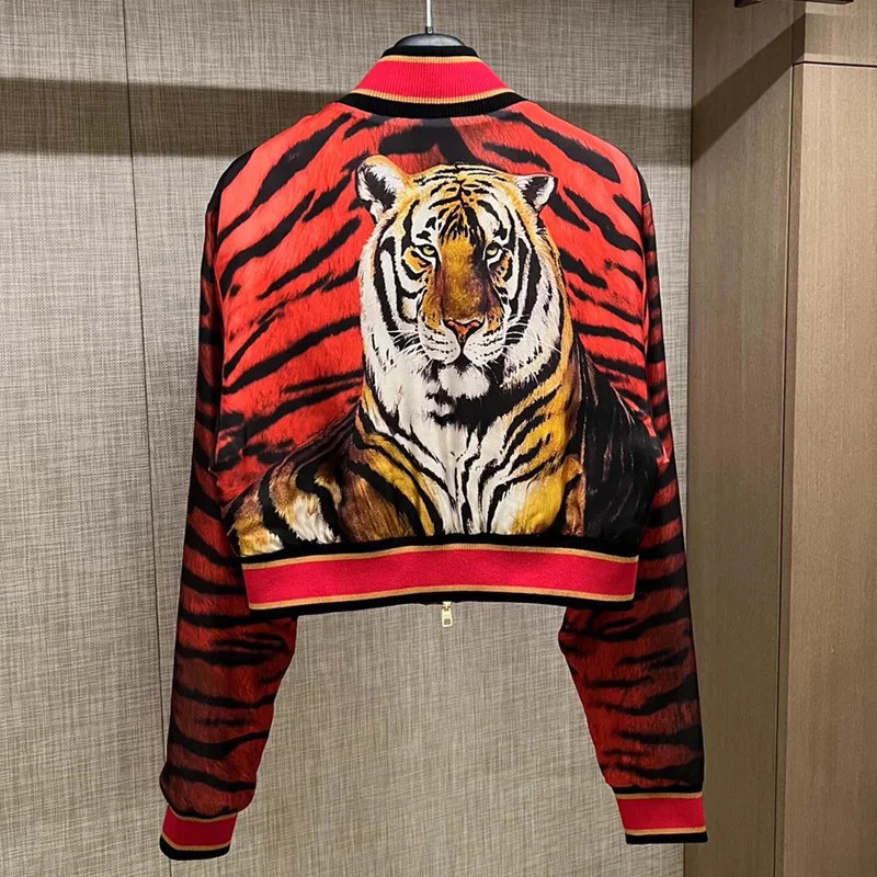 High Quality Women's Jacket Silk Red Leopard Tiger Print Short Jacket Jacket Baseball Shirt Fashion Runway 2022 Summer