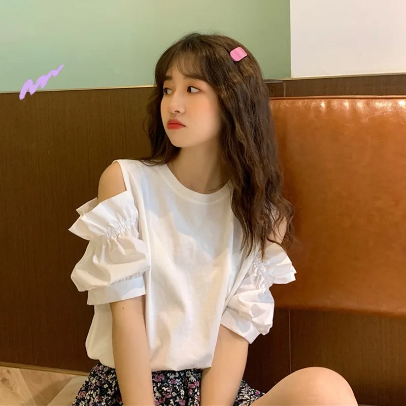 

2022 Korean Style New Arrival Summer Women Casual Short Sleeve O-neck T Shirt Puff Sleeve Patchwork Cotton T-shirt V544