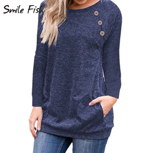 Женская футболка с круглым вырезом, длинным рукавом и карманами