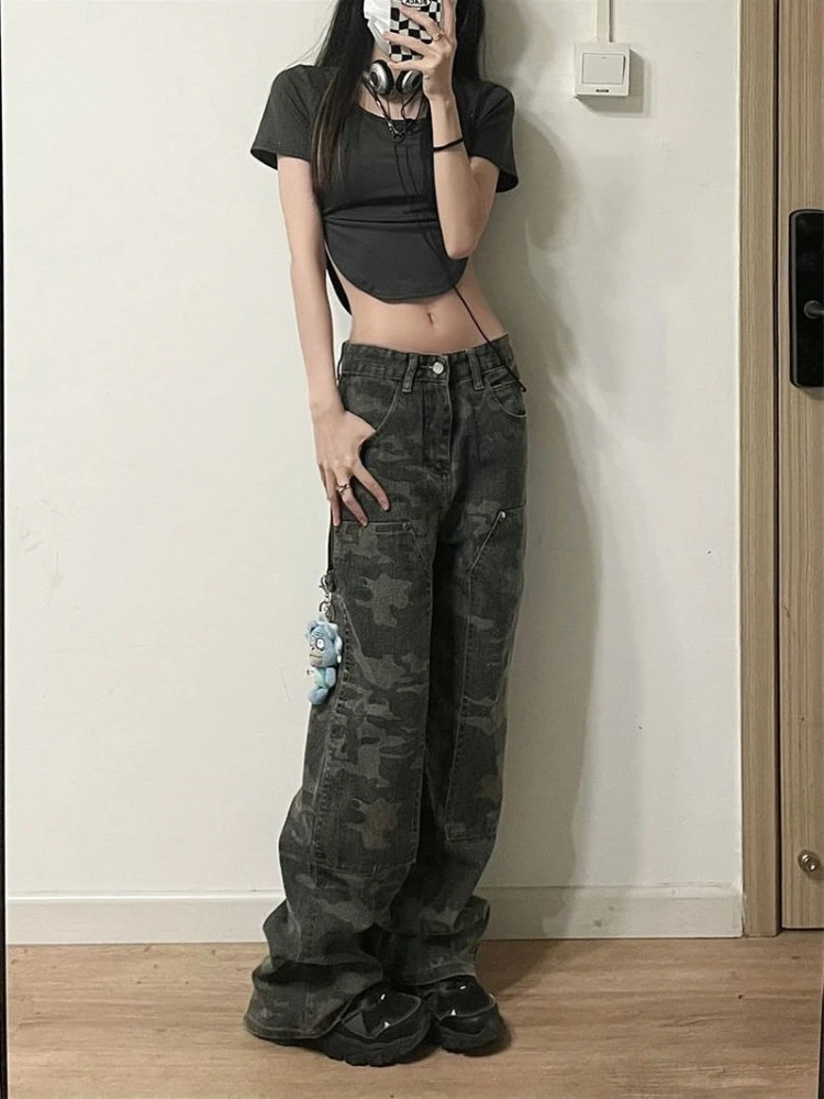 

2023 90s Women Y2K Hippie Low Rise Jeans Retro Harajuku Army Wide Leg Denim Trousers Camouflage Green Cargo Pants Streetwear