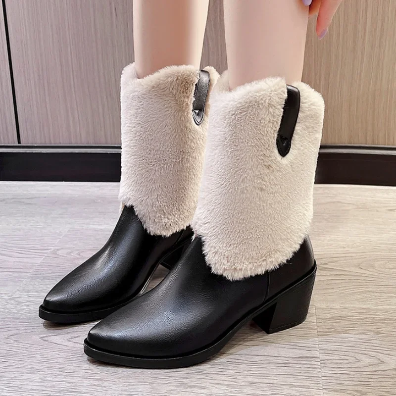 Женские ботильоны на меху с острым носком короткие плюшевые теплые ботинки челси