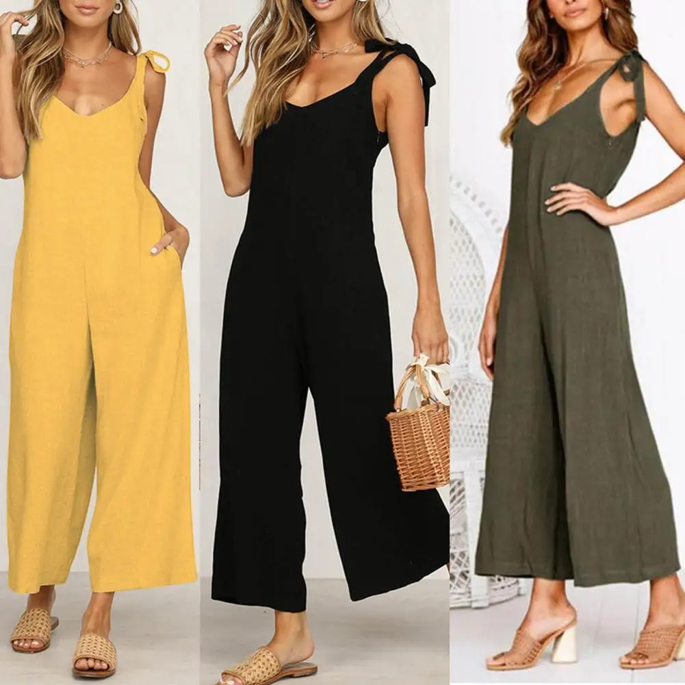 

Women Jumpsuit V Neck Loose Fit All-match Tie Belt Design Strap Jumpsuit Streetwear