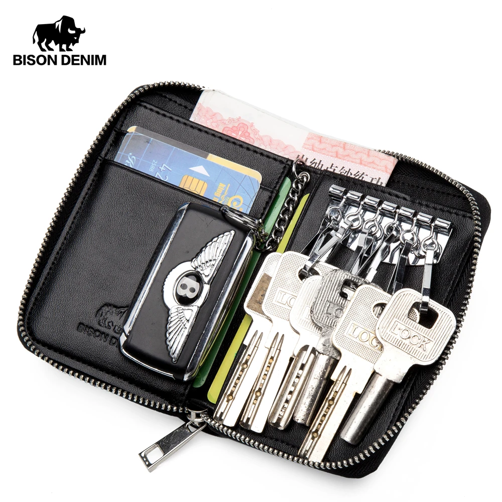 BISON DENIM Genuine Leather Key Wallet Male Card Keychain Cover Zipper Card Holder Wallet Key Organizer Large Capacity N9462