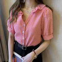 new shirts women plaid blouses 2022 summer short sleeve ruffled collar tops casual clothing female blusas loose 4xl plus size