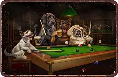 

Nostalgic retro fun dog art poster dog playing billiards metal signs indoor and outdoor farmhouse decoration signs