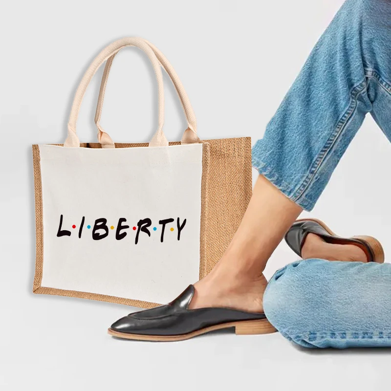 

Mood Words Burlap Jute Tote Shopping Bag with Sturdy Handle Women Casual Large Capacity Travel Beach Storage Organizer Handbag