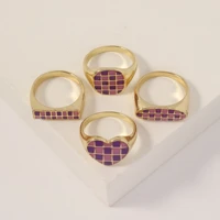new simple checkerboard love heart rings for women girl creative design cute dripping oil round finger rings sweet jewelry gift