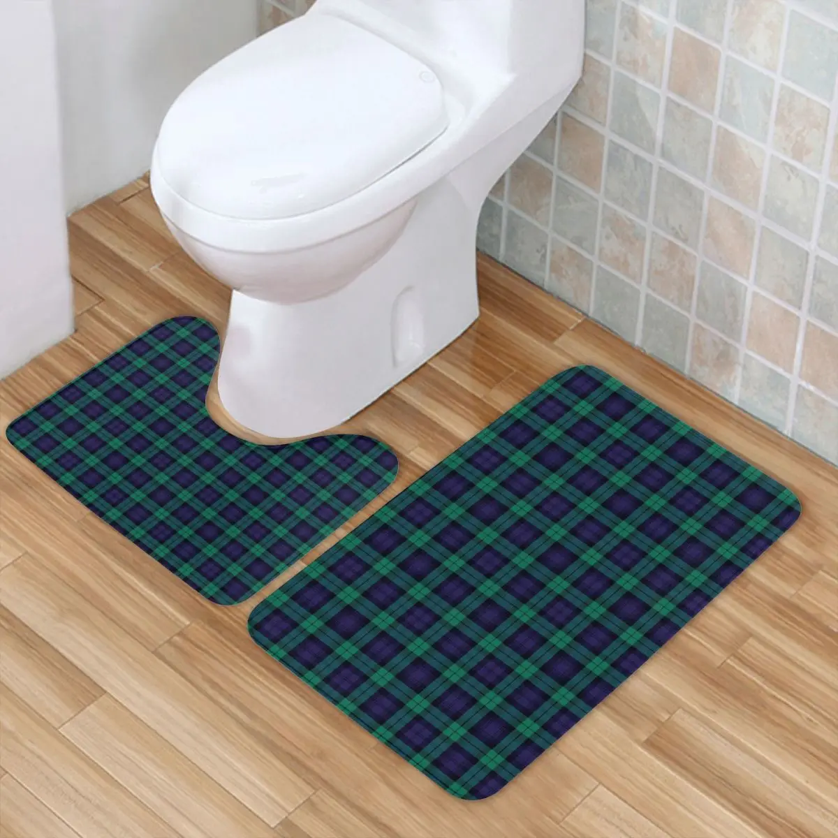 

Green Black Checkerboard Bath Mat Retro Plaid Print Polyester Pet 2pcs Bathroom Mat Set Washable Vintage Bathroom Rug
